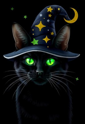 A black cat with green eyes wears a wizard hat with stars