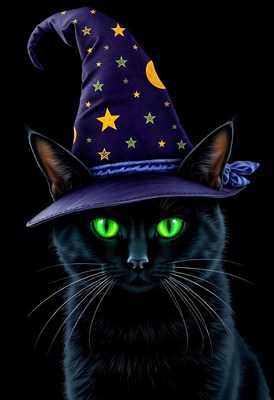 A black cat wearing a witch's hat with stars and a moon