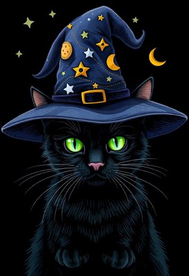 A black cat wears a witch's hat with stars and moons