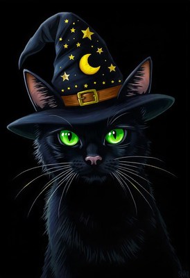 Black cat in a witch's hat with stars and moon