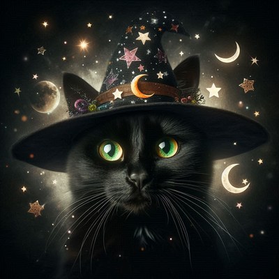 A black cat in a witch hat gazes at the stars