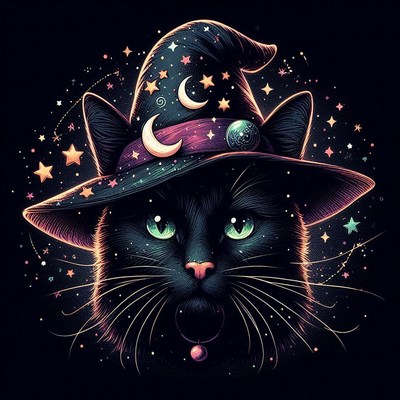 A black cat wearing a witch hat with moons and stars