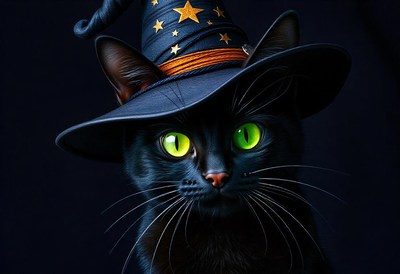 A black cat with green eyes wears a witch hat