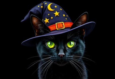 A witch-hatted black cat gazes at the camera
