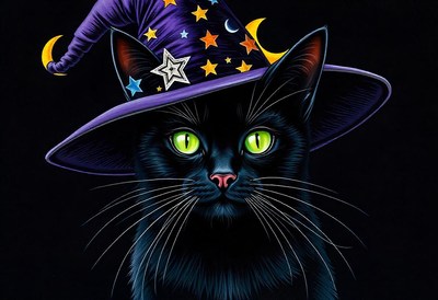 A black cat with green eyes wears a purple witch hat
