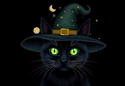 A black cat wearing a witch's hat stares into the night