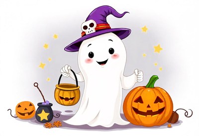 Ghost in a witch hat trick-or-treating on halloween