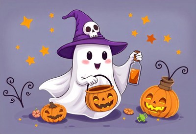A friendly ghost is trick-or-treating on halloween night