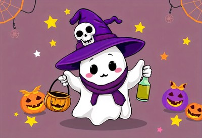 Cute ghost in a witch hat trick-or-treats halloween