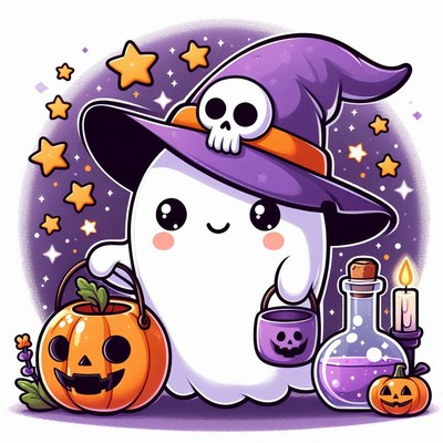 Ghost in a witch hat trick-or-treating on halloween