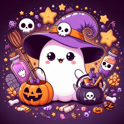 A cute ghost in a witch hat holds a pumpkin on halloween