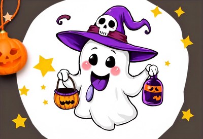 A cute ghost in a witch hat trick-or-treating on halloween