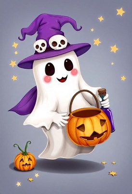 A cute ghost in a witch hat trick-or-treating