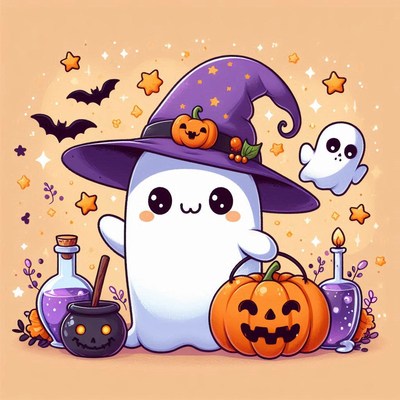 Ghost in a witch hat celebrates halloween with a pumpkin