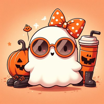 A ghost in sunglasses stands by a pumpkin and drink