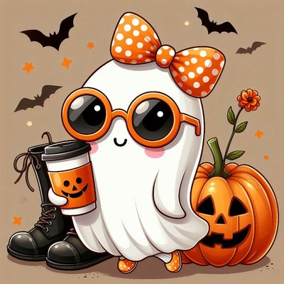 A cute ghost holds a pumpkin-themed coffee cup