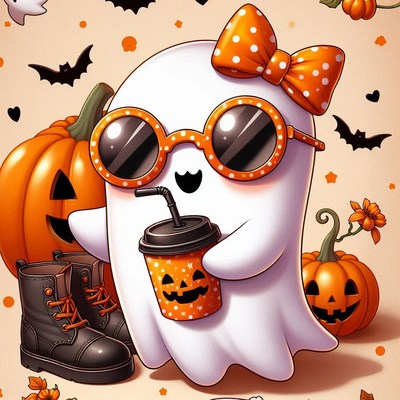 A cute ghost wearing sunglasses enjoys a drink on halloween
