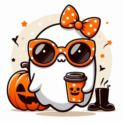 A cute ghost enjoys a coffee with a pumpkin on halloween
