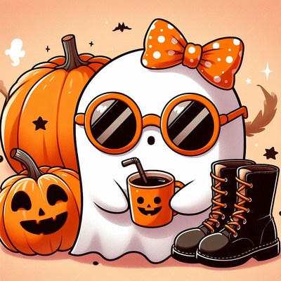 A cute ghost enjoys a drink with pumpkins