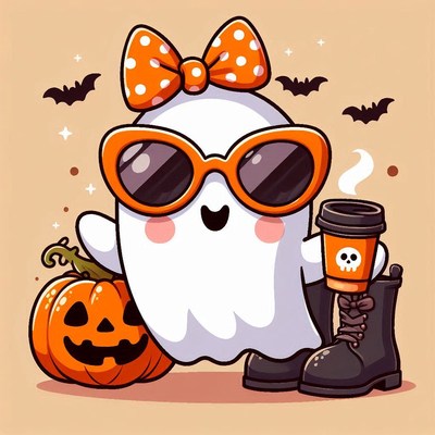 Cute ghost in shades sips coffee with a pumpkin