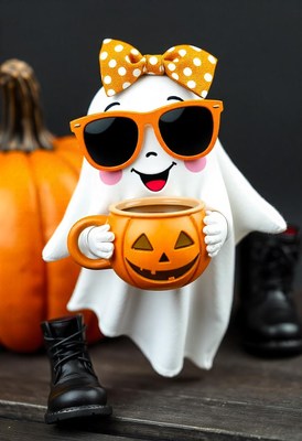 A ghost wearing sunglasses and a bow holds a pumpkin mug