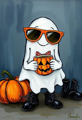 A friendly ghost enjoys a pumpkin treat