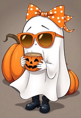 A cartoon ghost wears sunglasses, a bow, and boots