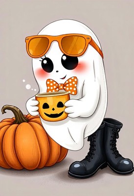 A cute ghost enjoys a spooky drink beside a pumpkin