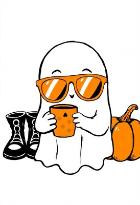 A ghost wearing sunglasses drinks from a pumpkin-shaped cup