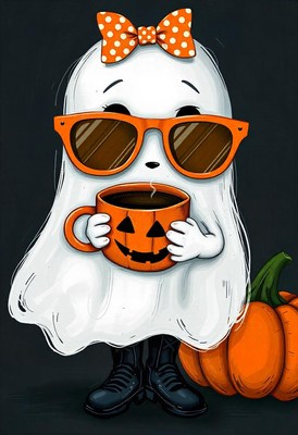 A ghost enjoys a cup of coffee with a pumpkin on halloween