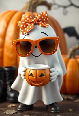 A friendly ghost enjoys a pumpkin drink on halloween