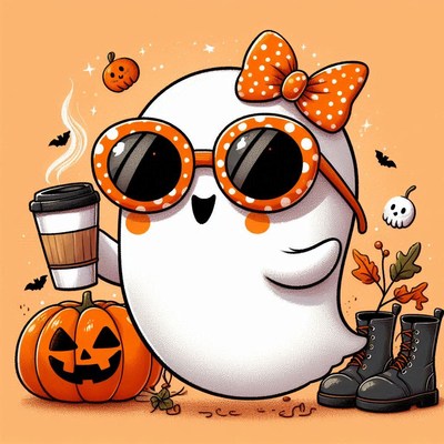 A friendly ghost in sunglasses enjoys a coffee on a fall day