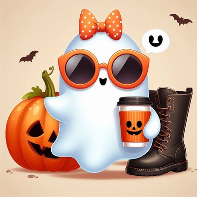 A ghost in shades sips a spooky drink by a pumpkin