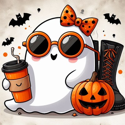 A cute ghost enjoys a drink on halloween