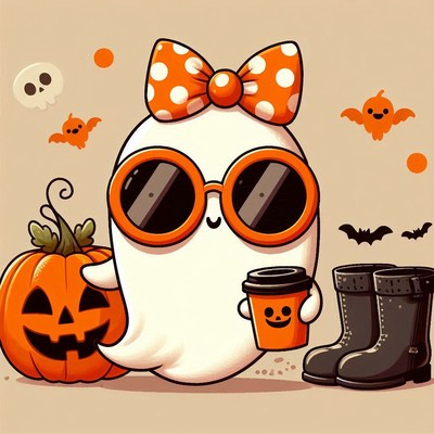 A cute ghost wears sunglasses and a bow for halloween