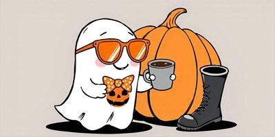 A ghost enjoys a cup of coffee next to a pumpkin