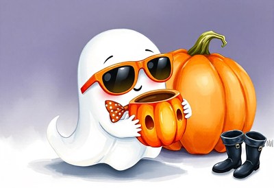 A ghost wearing sunglasses holds a pumpkin cup