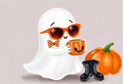 A cute ghost wearing sunglasses holds a jack-o'-lantern