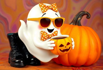 A ghost wearing sunglasses drinks coffee from a pumpkin mug
