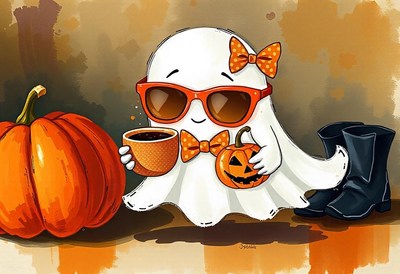 A ghost enjoys a cup of coffee with a pumpkin on halloween