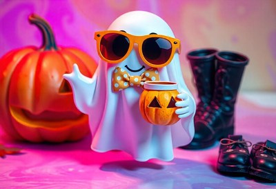 A ghost wearing sunglasses holds a pumpkin and smiles