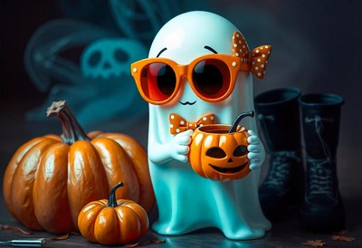 A ghost in sunglasses sips from a pumpkin cup