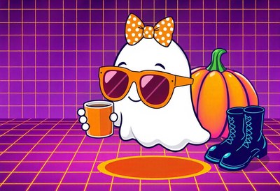 Ghost in shades sips coffee in retro style