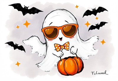 A cartoon ghost is wearing sunglasses and a bow tie