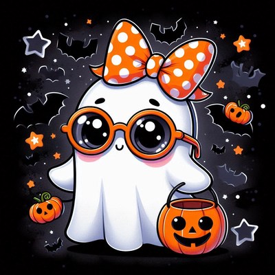 Cute ghost in shades trick-or-treating on halloween