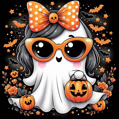 A cute ghost in shades and a bow goes trick-or-treating