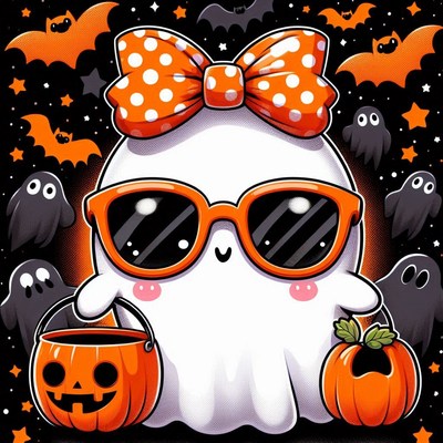 A cute ghost wearing sunglasses holds a pumpkin bucket