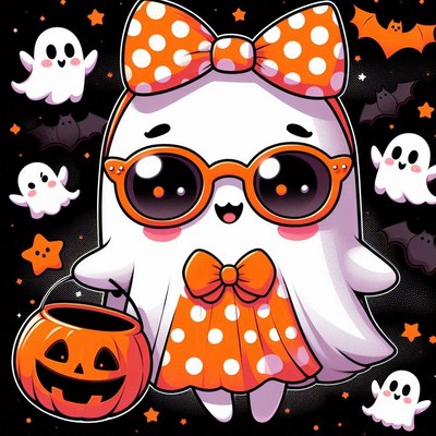 A ghost in a polka dot dress trick-or-treating