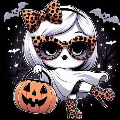 Ghost girl in leopard shoes trick-or-treating