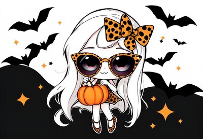 Girl in sunglasses with a pumpkin and bats